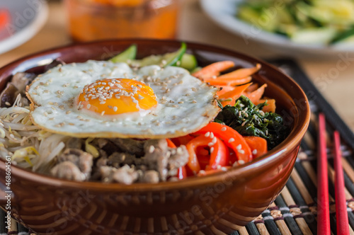 Bibimbap.Traditional Koren food with rice,beef,vegetables and egg