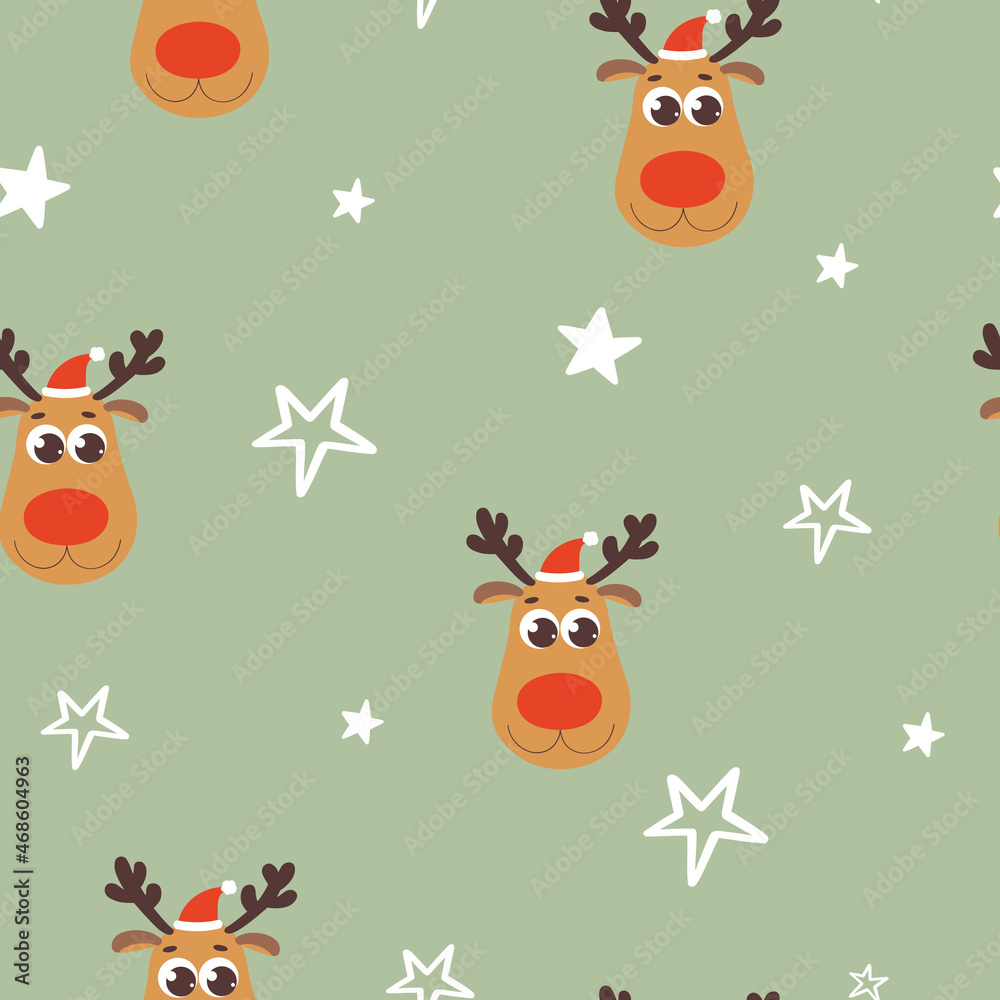 Fototapeta premium Christmas seamless pattern with cartoon deer face and white stars on a green background. Vector texture.