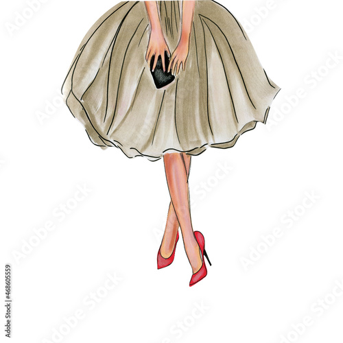 Watercolor fashion style illustration, Christmas girl with new year tree ,walking girl, legs in heels , legs in jeans.