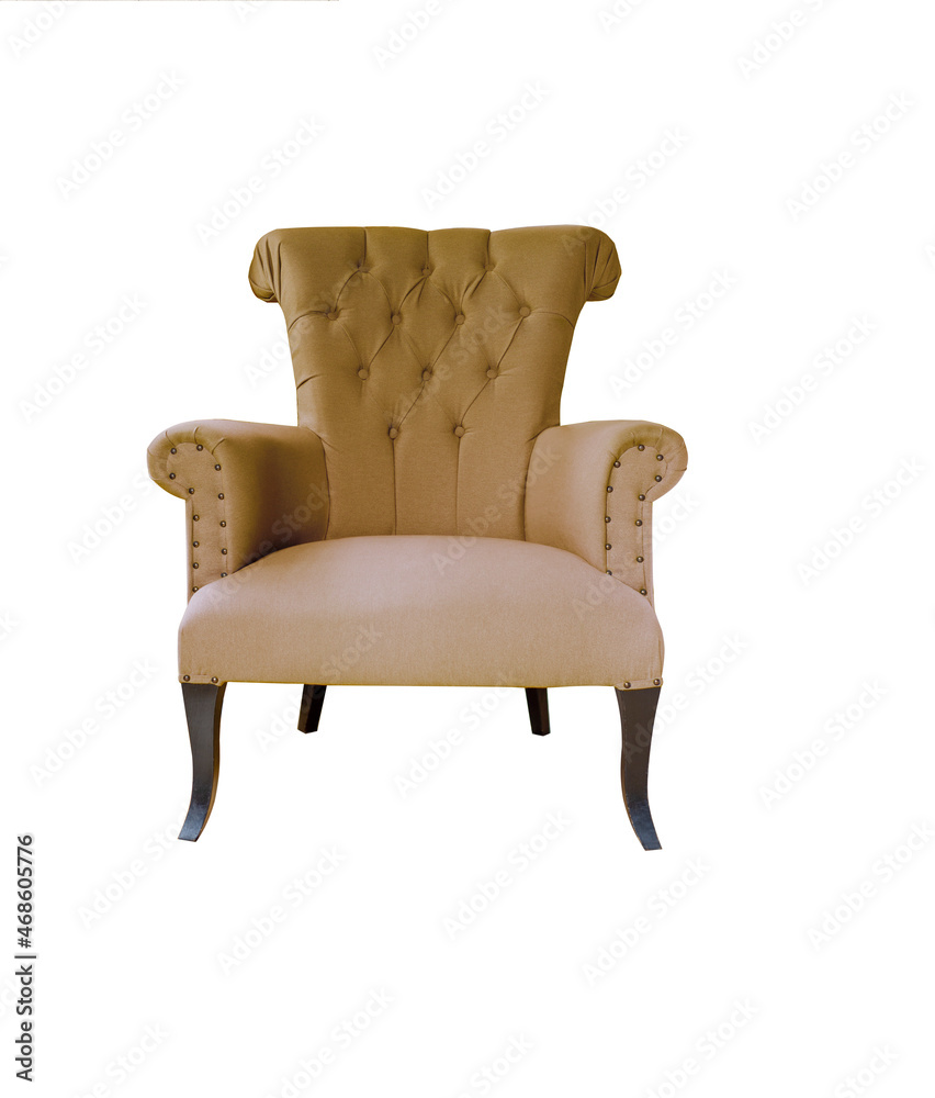 Trendy brown soft armchair isolated on white background. Contemporary living room furniture