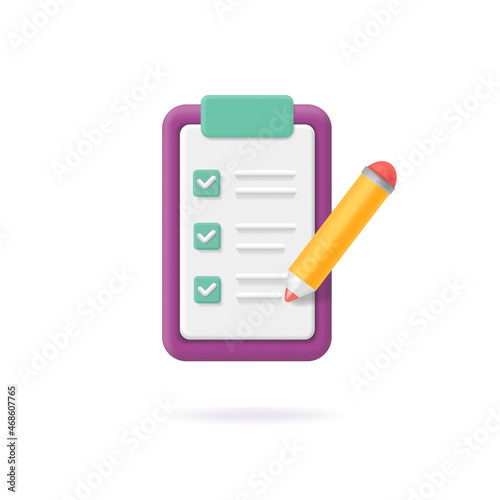 Clipboard and pencil icon. Checklist with tasks, successfully complete business assignments, questionnaire list 3d vector