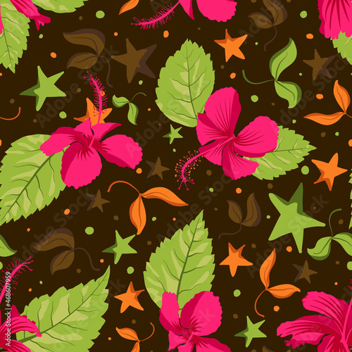 Decorative hawaiian hibiscus rosa sinensis tropical flowery pattern background. Repeating joyful refreshing design for drop cloth, apron, wall tapestry, counterpane, home decor, outdoor furniture.