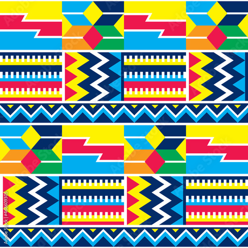 Tribal african dress style geometric seamless vector pattern, inspired by Kente nwentoma designs from Ghana in yellow, green, orange, blue 