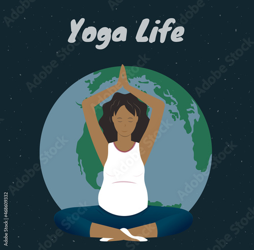 Pregnant woman sitting in lotus yoga pose on space background, healthy pregnancy concept, flat vector illustration