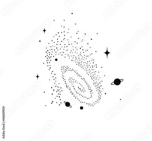 Vector isolated galaxy black and white graphic drawing. Galaxy, star, planets, space system symbol