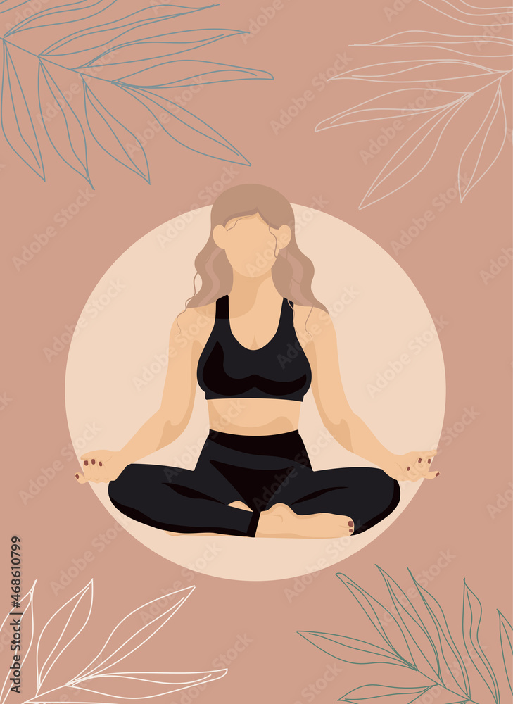 Meditation in a lotus pose. Yoga practice. International yoga day 21 June banner or poster with woman in lotus position. Faceless vector illustration.	