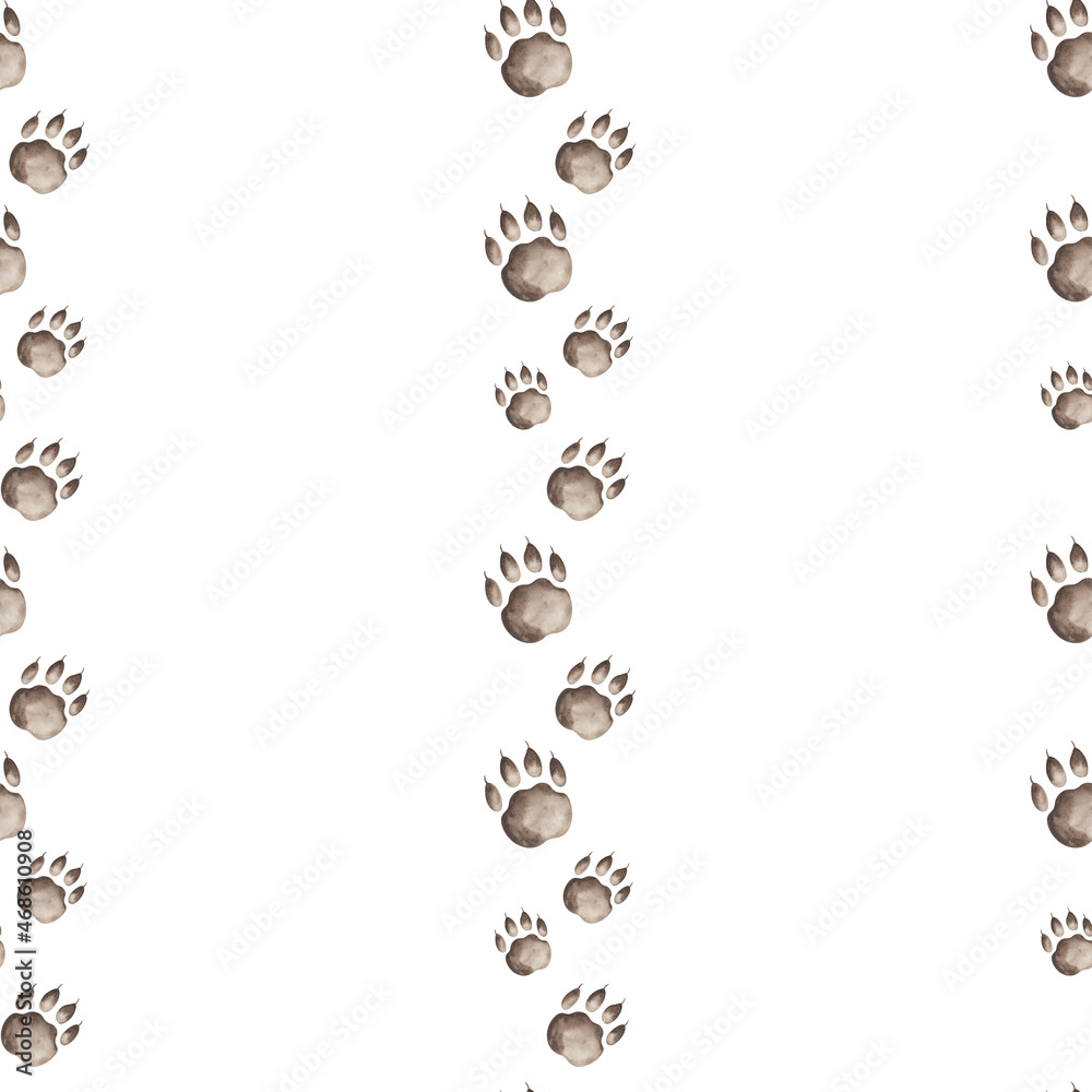 Watercolor seamless pattern from hand painted illustration of brown paws of predator as tiger, bear, cat, dog or wolf, foot print with claws on white background. Abstract ornament for design textile Watercolor seamless pattern from hand painted illustration of brown paws of predator as tiger, bear, cat, dog or wolf, foot print with claws on white background. Abstract ornament for design textile