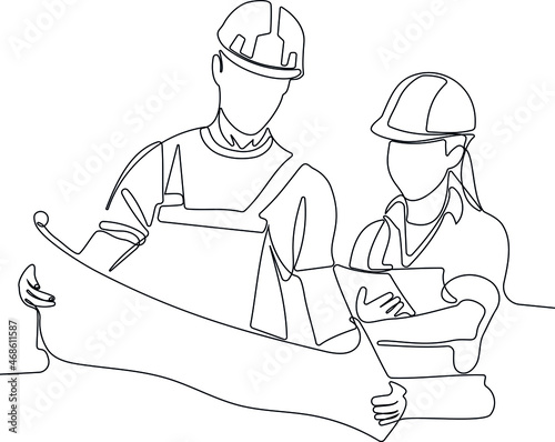 Minimal vector illustration. View of a Worker and architect watching some details on a construction. Continuous line draw of architects at a construction site looking at plan