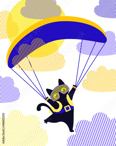 Fototapeta Naklejka Na Ścianę i Meble -  A dark cute cat in goggles flies on a paraglider among the clouds in the sky. The athlete receives adrenaline and positive emotions. Modern postcard of paragliding festival. Vector.