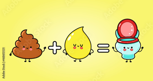 Cute, funny happy turd, drop of urine and  toilet character. Vector hand drawn cartoon kawaii characters, illustration icon. Funny cartoon turd, drop of urine and  toilet friends concept