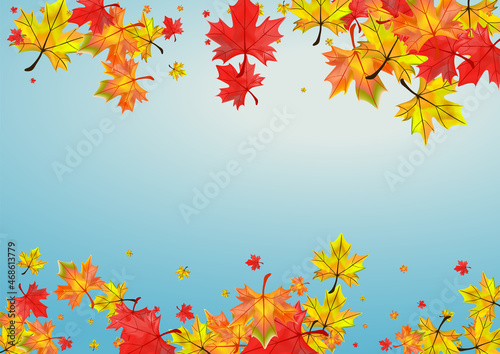 Autumnal Floral Background Blue Vector. Leaves Season Design. Yellow Realistic Foliage. Paper Plant Template.