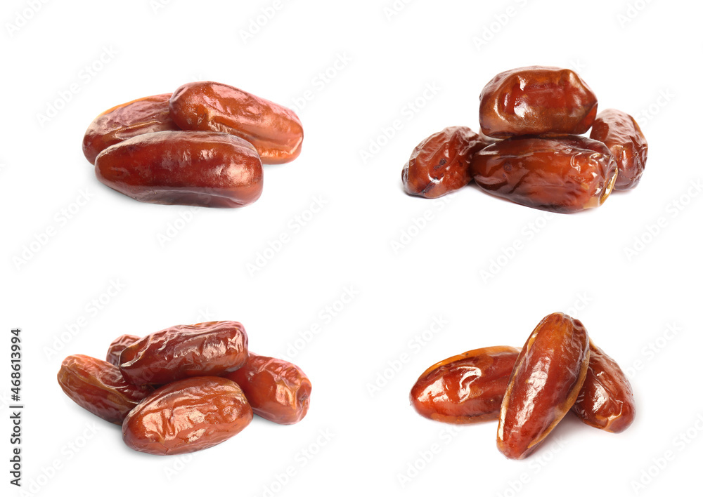 Set with tasty dried dates on white background Set with tasty dried dates on white background