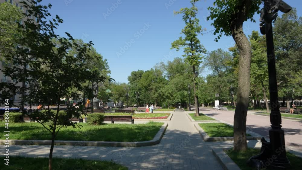 Monument to russian poet Sergei Yesenin on Tverskoy Boulevard in Moscow in the summer. Shooting in motion