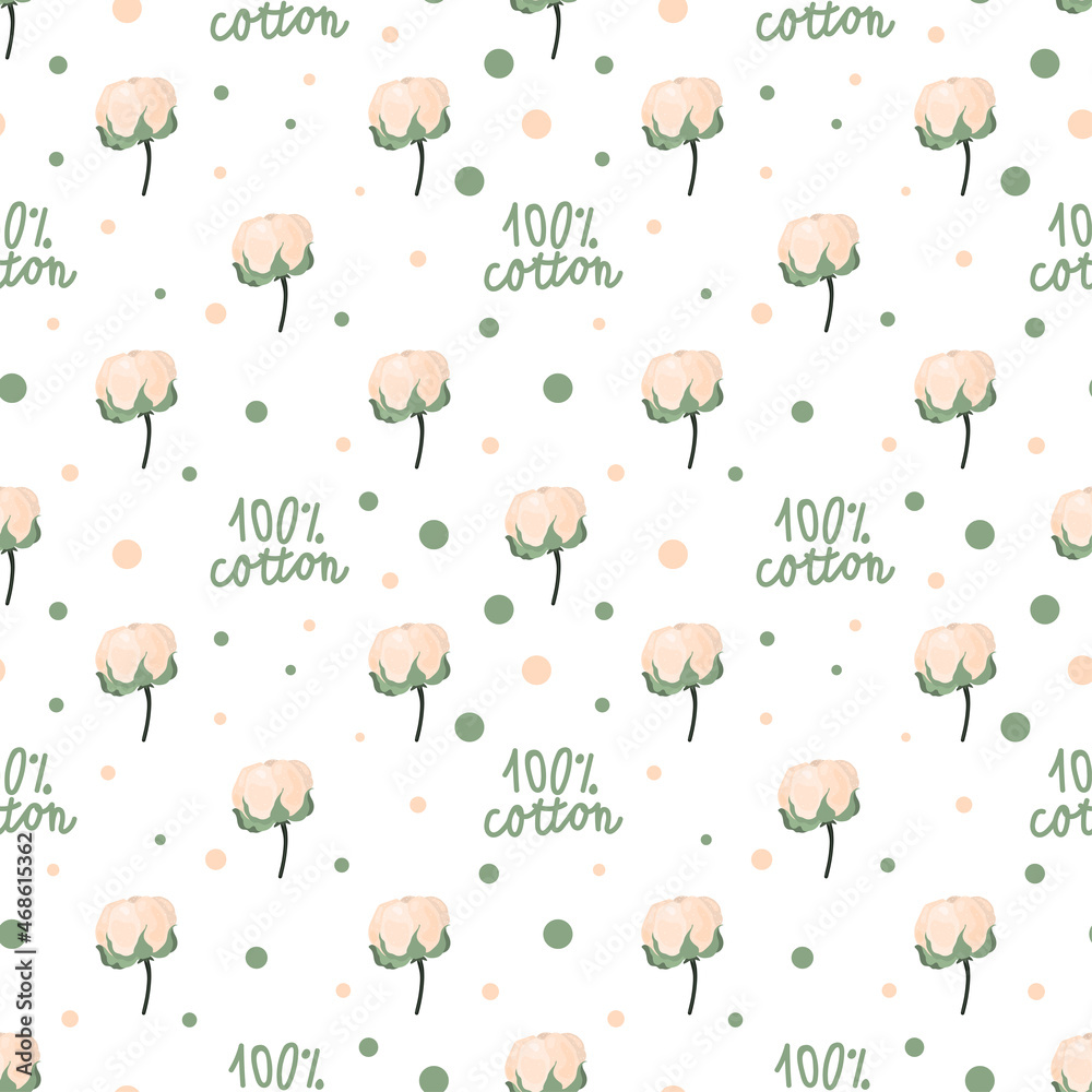 Seamless pattern of cotton flower and lettering.