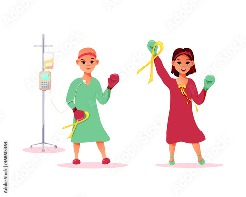 Childhood cancer in a little girl. Oncology treatment with chemotherapy and recovery. 