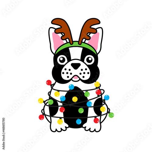 French bulldog in costume christmas deer tangled