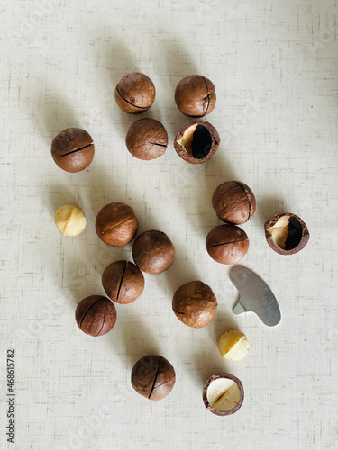 macadamia nuts, opener, white background, key