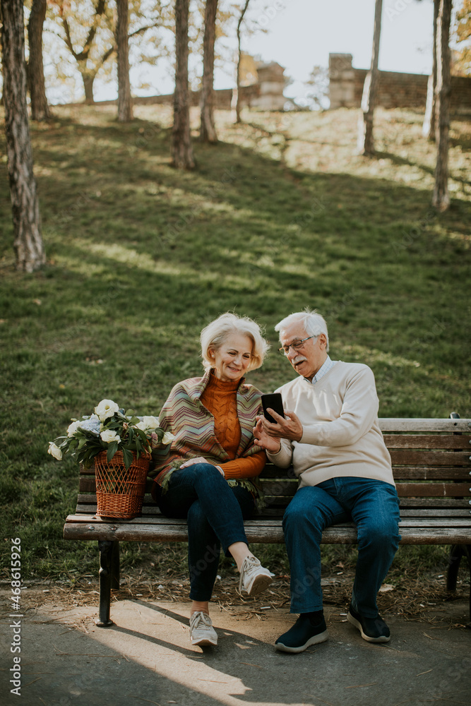 Senior couple sitting on the benchwith basket full of flowers and lookin at mobile phone Senior couple sitting on the benchwith basket full of flowers and lookin at mobile phone