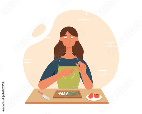 Young woman character cut her finger while slicing cucumber. Accident in home, kitchen. Household injury. Modern vector illustration cartoon flat style