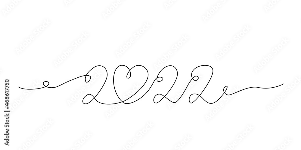 2022, the number of the and New Year with a heart inside. Drawing one line, in continuous line drawing style. Hand drawn vector illustration isolated on white background 2022, the number of the and New Year with a heart inside. Drawing one line, in continuous line drawing style. Hand drawn vector illustration isolated on white background