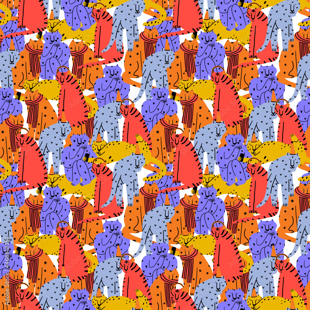 vector animal seamless pattern with tigers. Tropical print with African predators. Multicolored vibrant stripes of cubs. Trendy 2022 dense ornament for fabric, wrapping paper, open, textile