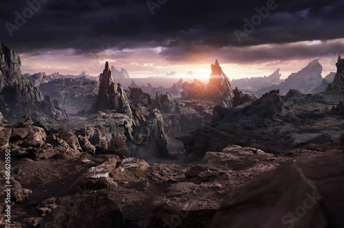Fototapeta The mystical dark world of rocks. Cinematic view. 3d render