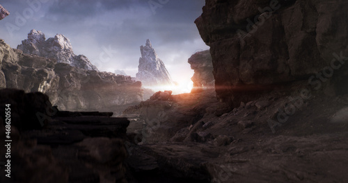 The mystical dark world of rocks. Cinematic view. 3d render