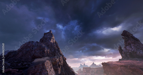 The mystical dark world of rocks. Cinematic view. 3d render