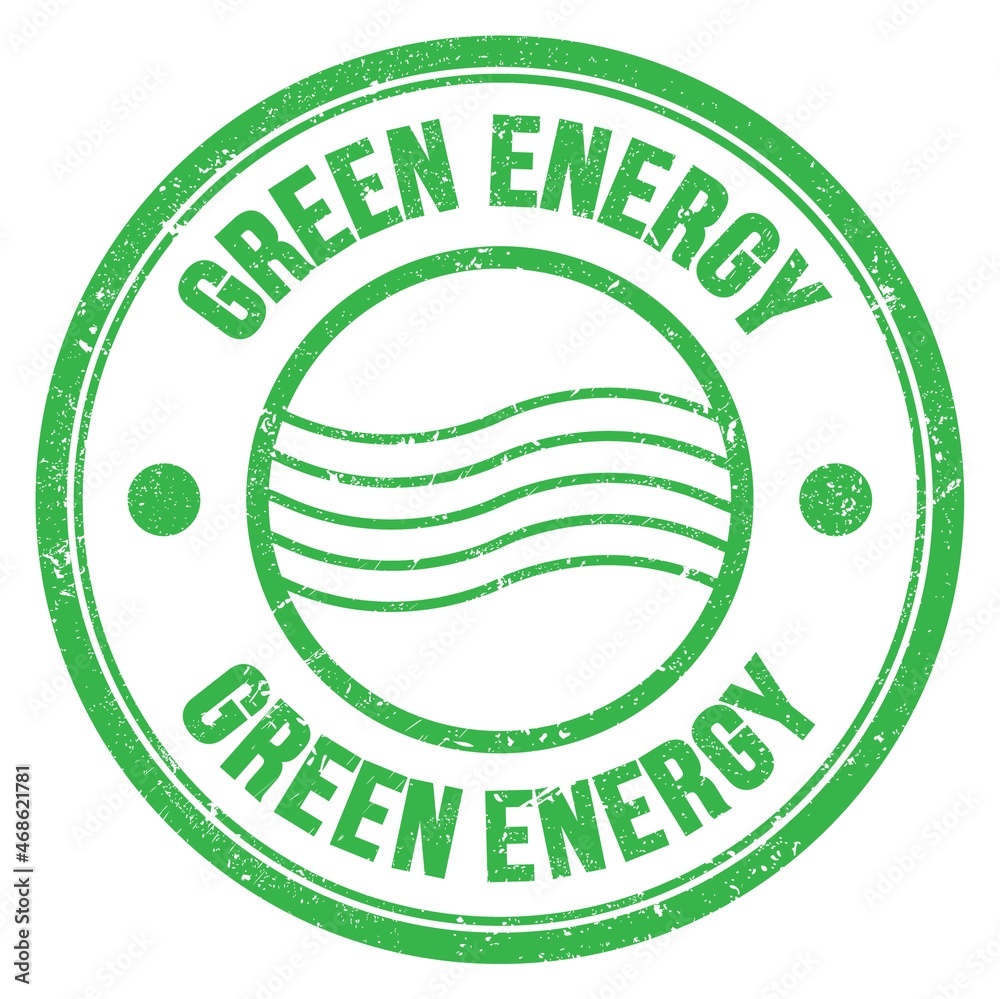 GREEN ENERGY text written on green round postal stamp sign GREEN ENERGY text written on green round postal stamp sign