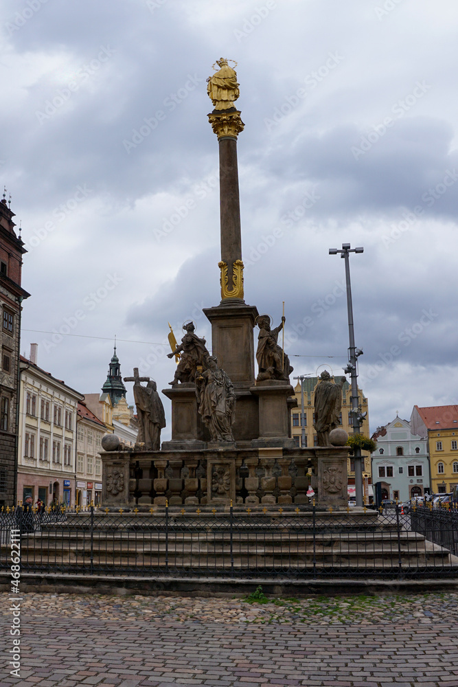 view of the Plague Column of the Virgin Mary on the Republic Square in Pilsen