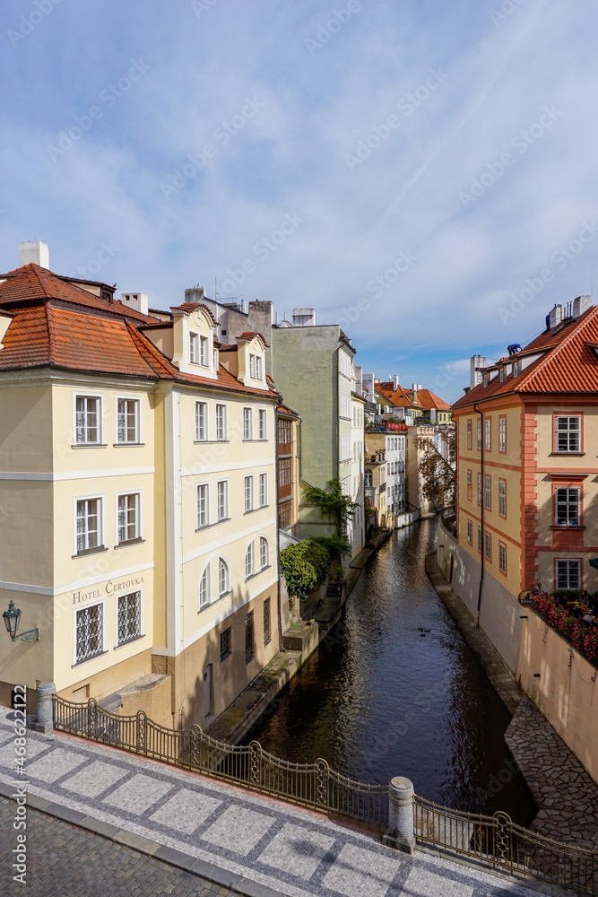 the Certovka canal and houses on the waterfront in downtown Prague