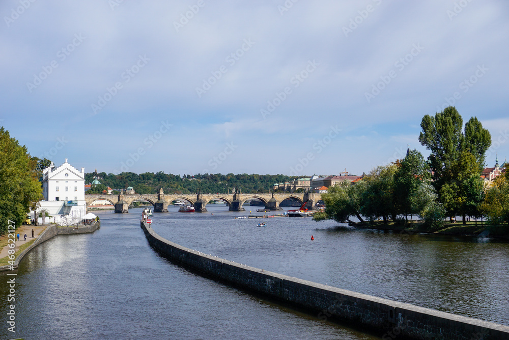 panorama view of the Vltava River and downtown Prague in autumn