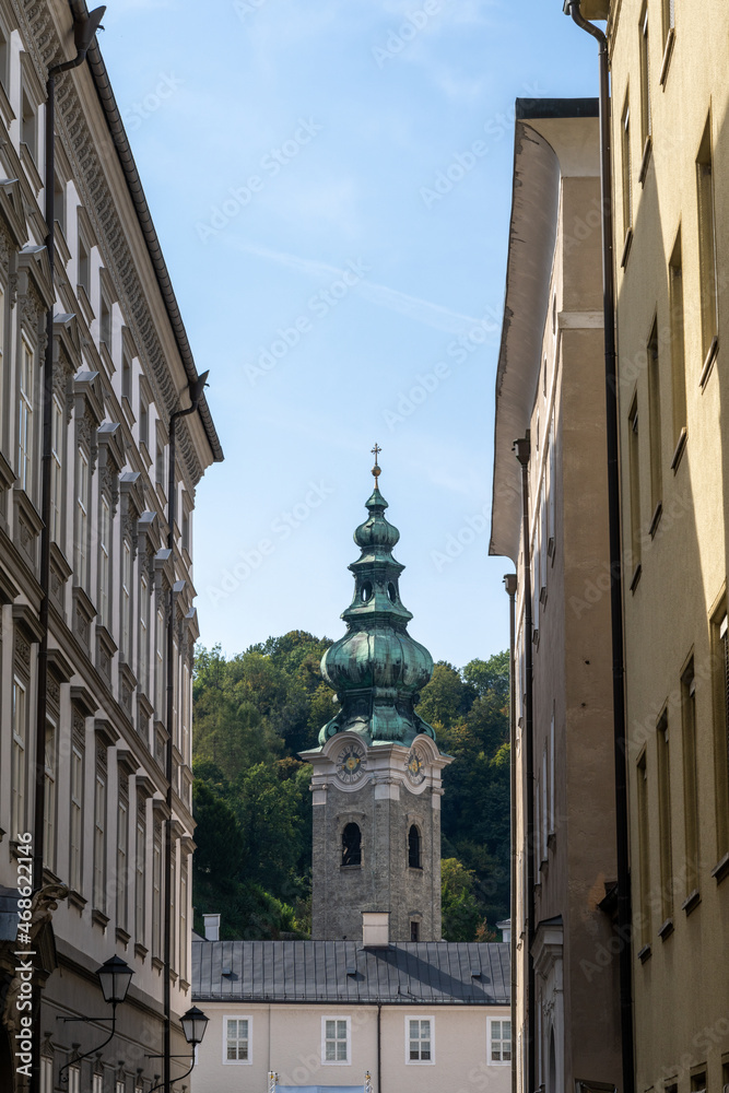buildings and church in the historic city center of Salzburg