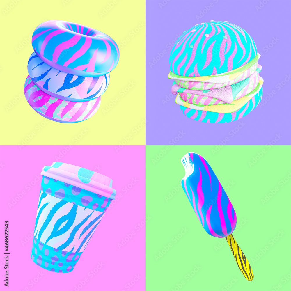 3d render sticker set creative funny stylish junk food objects. Restaurant, bars, cafes, shop concept