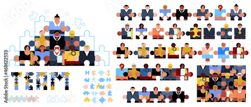 Puzzle set with details  of people figures. Multiethnic people group  standing together and Pyramid figure. Puzzle detail. Team and teamwork. Business. Friendship. Cubism, geometrical, minimal style.