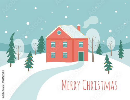 Winter scene with a red house, trees and a Christmas tree. Red cottage in the snowy hills. Merry Christmas. 