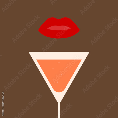 a glass of champagne and a woman's red lips in flat style