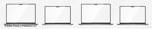 Realistic laptop set. Laptop computer or notebook computer 14 and 16 inches screen. 3D laptops mockup. Blank screen isolated on transparent background - stock vector.