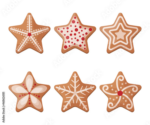A sweet set of gingerbread cookies in the shape of a star with various patterns. Collection of Christmas gingerbread. Sweet holiday pastries. Vector illustration