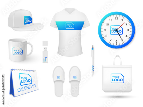 Realistic corporate souvenirs set vector promotion design for company branding identification