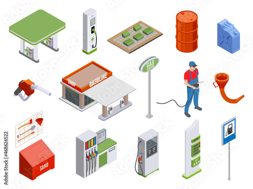 Gas station isometric set vector illustration. Collection gasoline petroleum filling columns