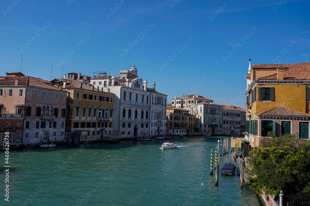 view of the Canale Grande in central Venice with many boats travelling about