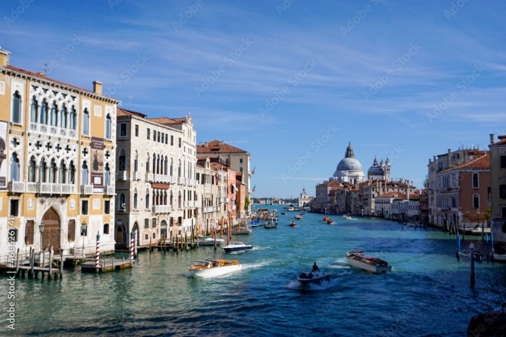 view of the Canale Grande in central Venice with many boats travelling about