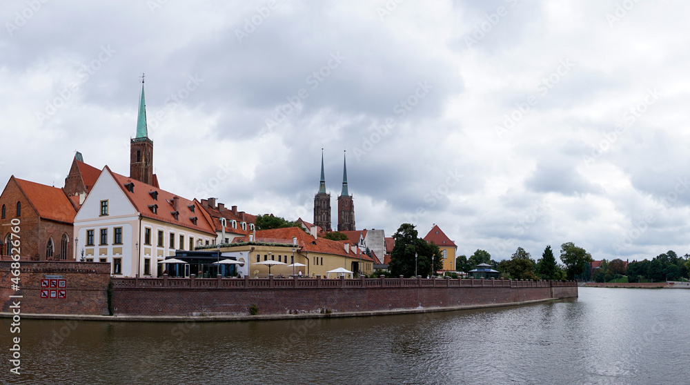 panorama view of the Wyspa Piasek island in the historic Old Town and city center of Wroclaw