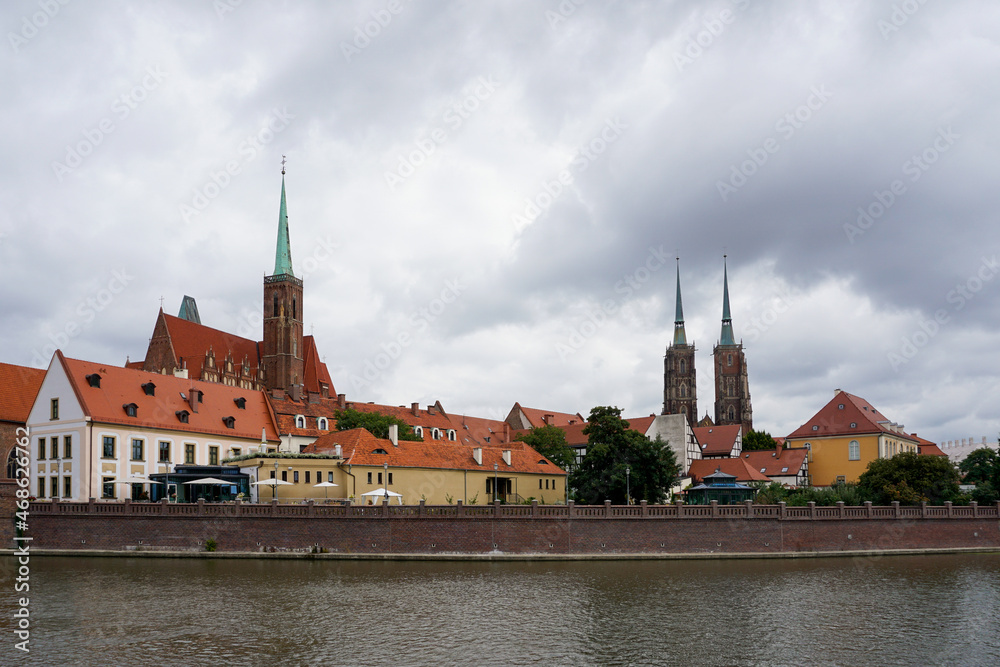 view of the Wyspa Piasek island in the historic Old Town and city center of Wroclaw