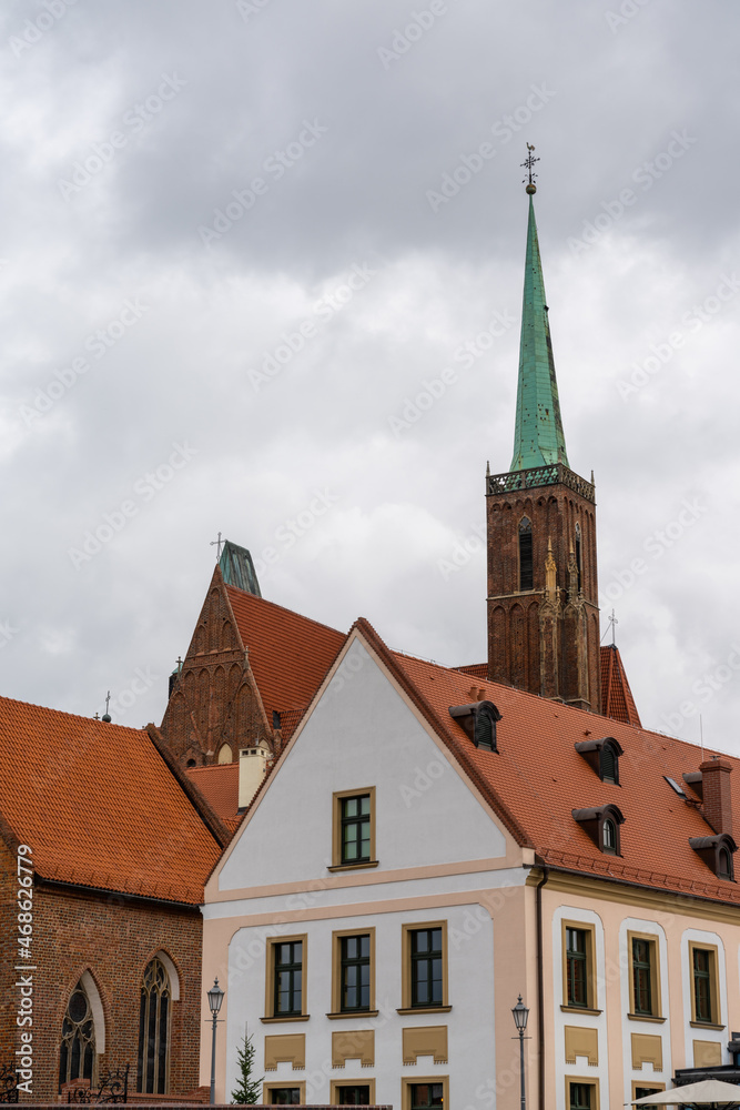 view of the cathedral in historic downtown of Wroclaw