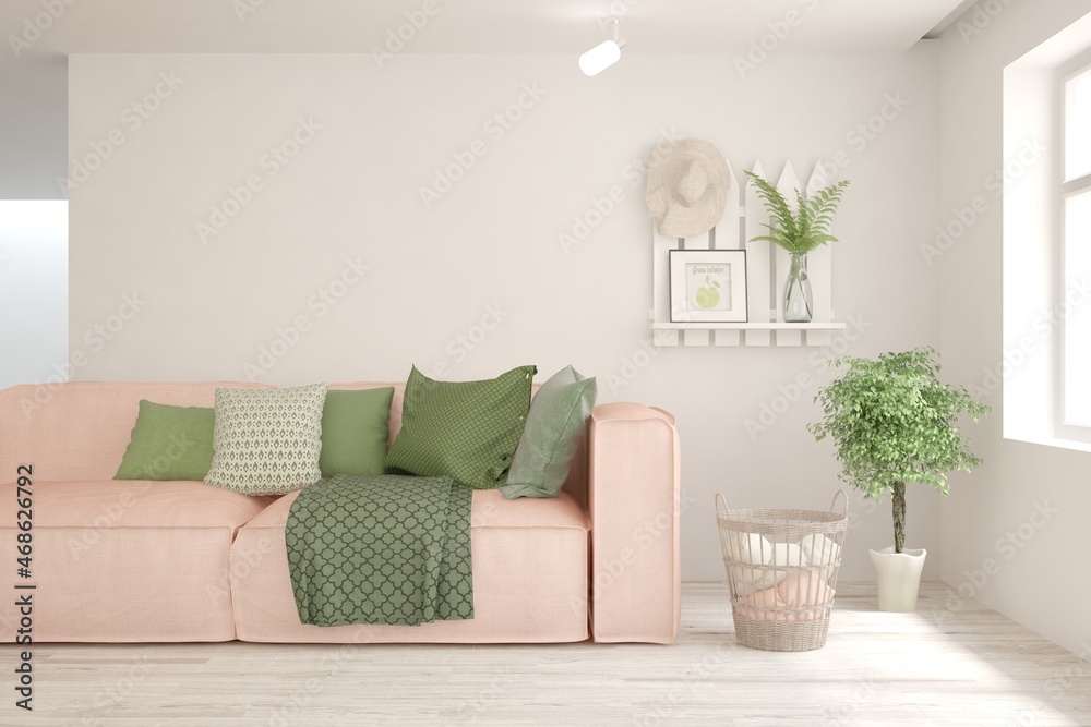 Obraz premium White living room with sofa. Scandinavian interior design. 3D illustration