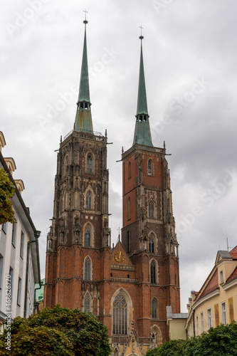 view of the cathedral in historic downtown of Wroclaw