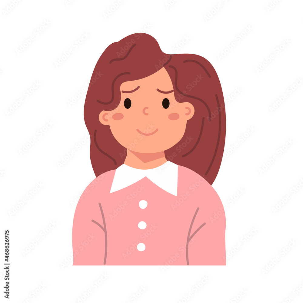 Smiling kid face girl. Avatar child with skin cartoon head portrait. School character icon. Cute little person teenager. Flat vector illustration isolated on white Smiling kid face girl. Avatar child with skin cartoon head portrait. School character icon. Cute little person teenager. Flat vector illustration isolated on white