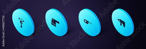 Set Isometric Electric drill machine, Reciprocating saw, sander and Electrical hand concrete mixer icon. Vector